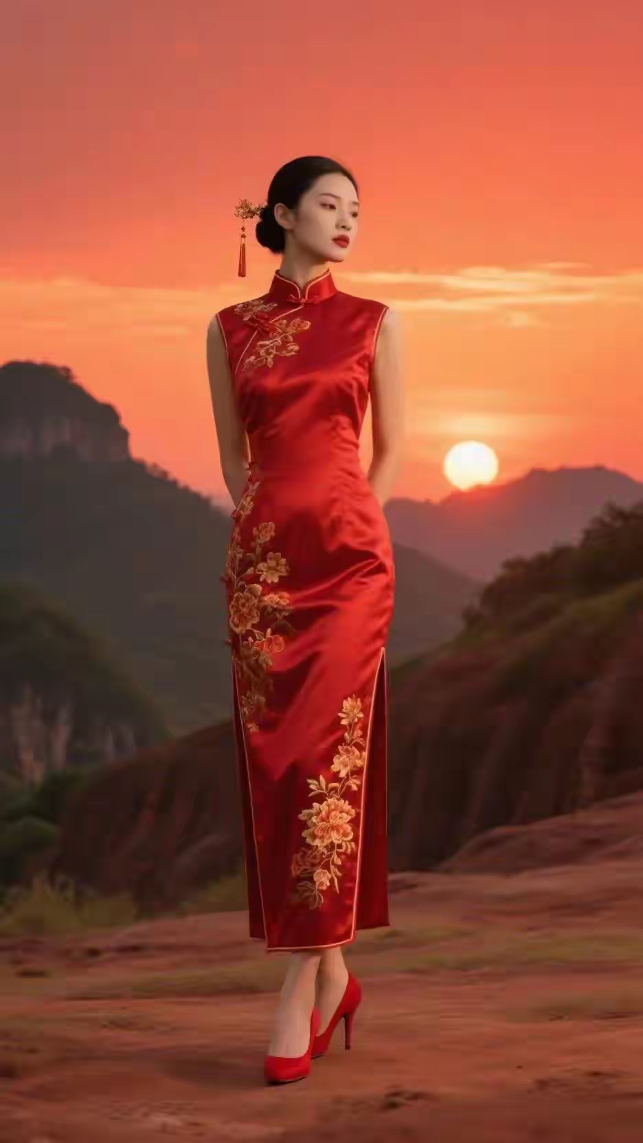 身着朱砂红旗袍,踏入丹霞秘境,仿佛穿越千年时光