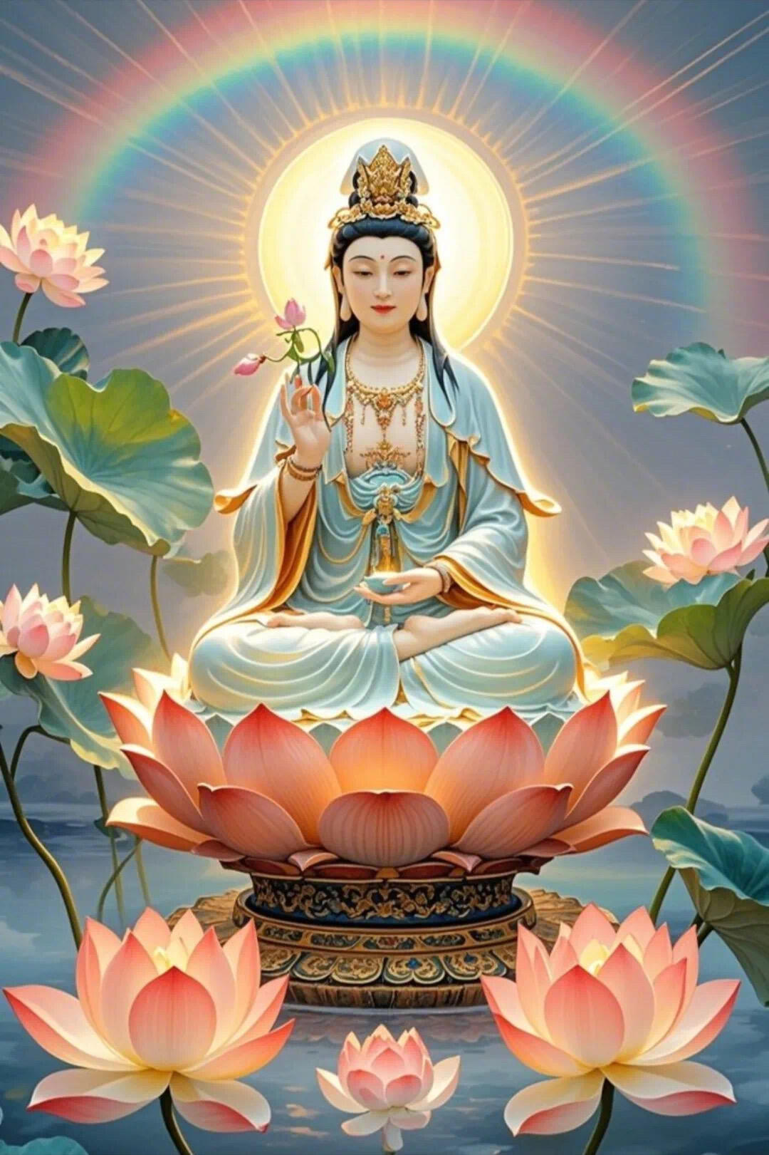 她坐在莲花上,周围是更多莲花,散发着宁静与美丽