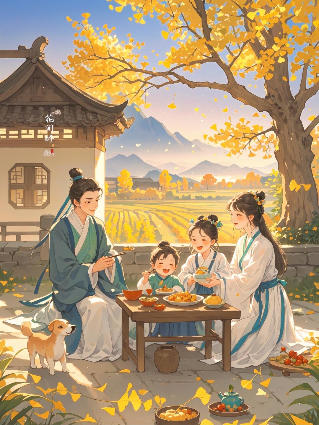 吃好三餐,过好四季,秋日庭院,一家四口围坐,共享天伦之乐,花间醉,岁月