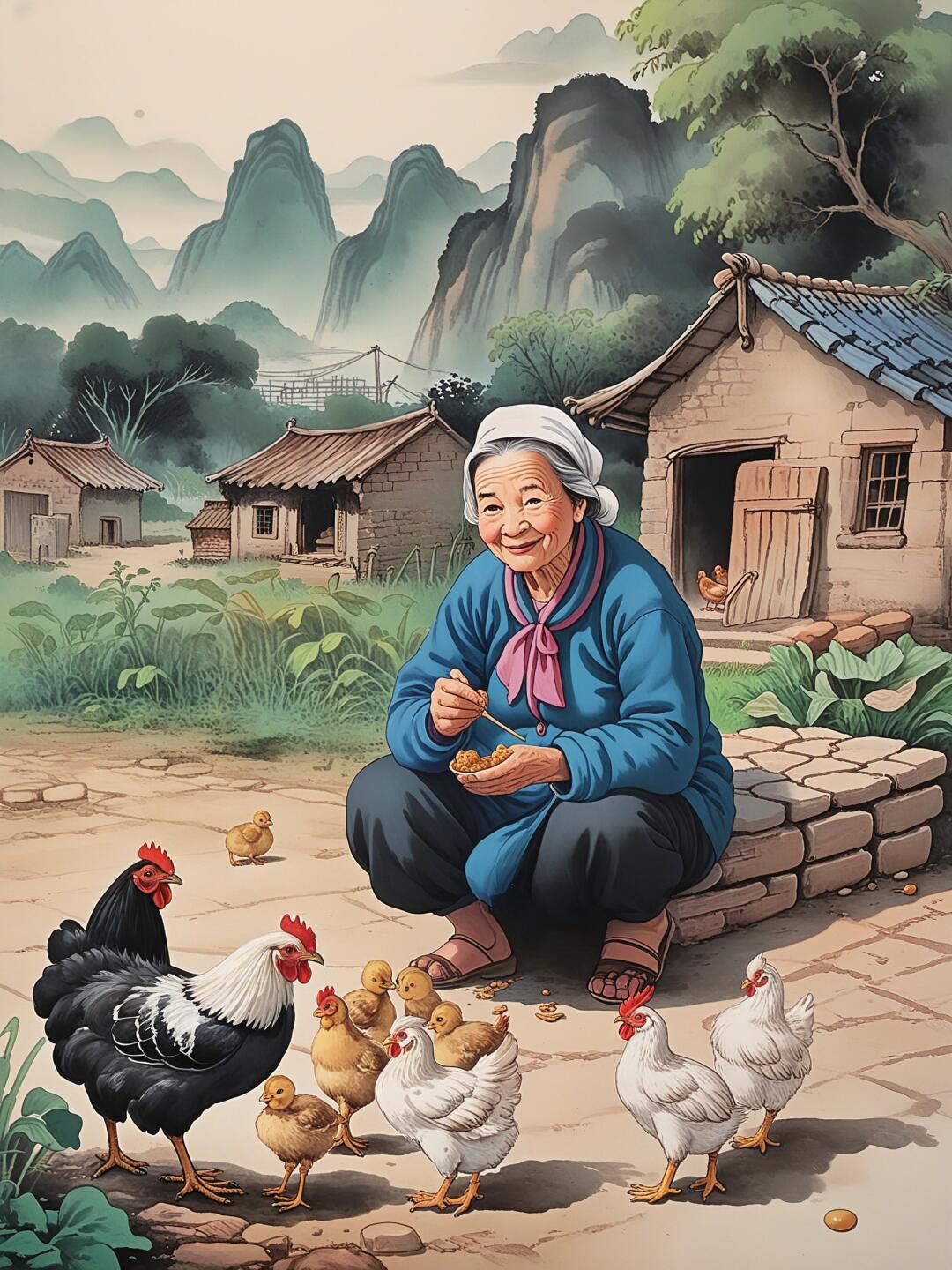 想起和奶奶喂鸡,回想童年的记忆,奶奶与小鸡们的温馨时光,共享乡村的