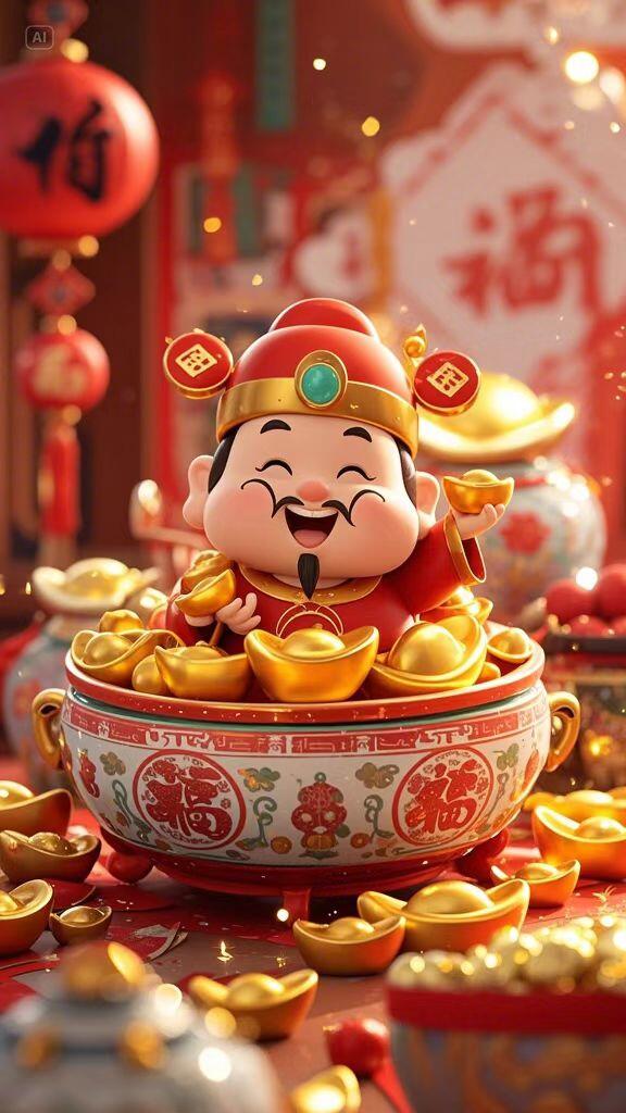 恭喜发财,财神爷笑眯眯地端坐在金元宝堆成的宝座上,周围环绕着红灯笼