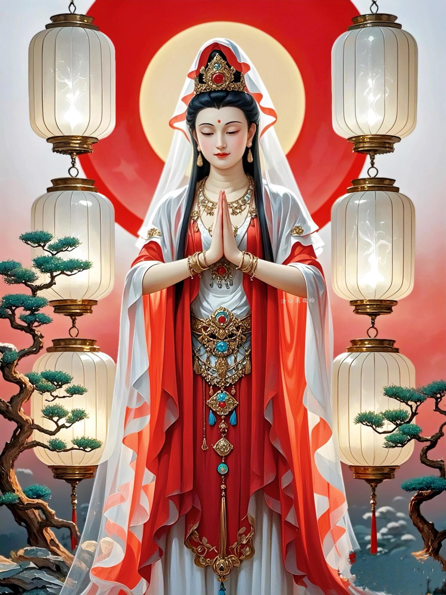 她双手合十,静静站在红灯笼下,仿佛在诉说着古老东方的一个祈愿故事