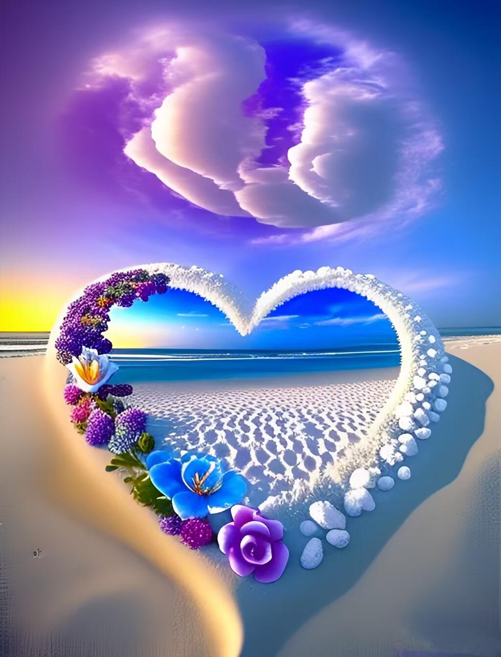 浪漫的沙滩想和谁一起看就艾特谁,心形的沙滩上,紫色花海浪漫,蓝色