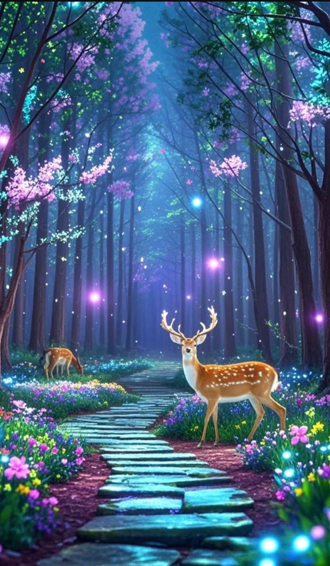 哇,这森林小径的夜景太梦幻了吧,鹿儿们也出来散步了,感觉空气中弥漫