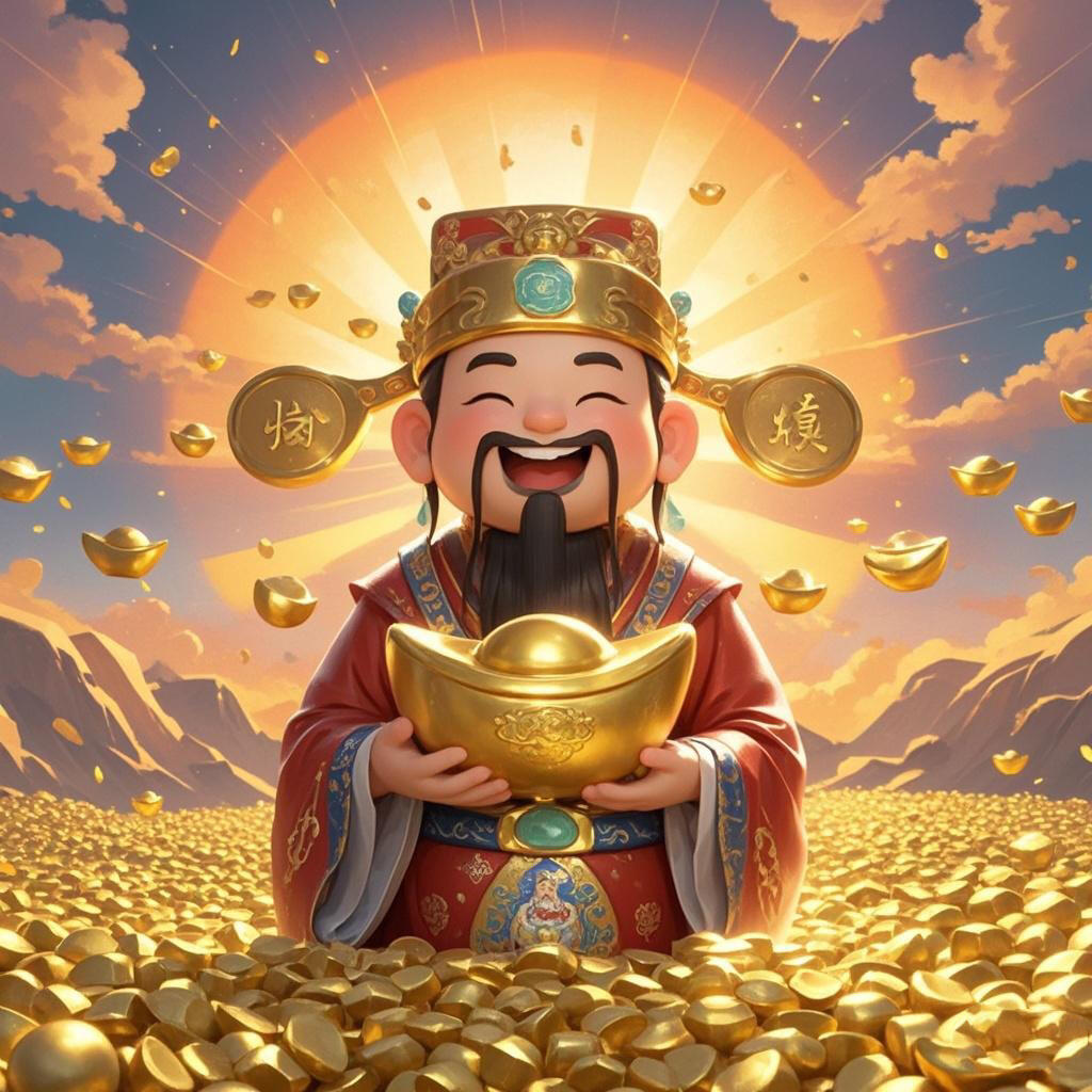 财神到,财神爷笑眯眯地抱着金元宝,四周都是闪闪发光的金币,仿佛财富