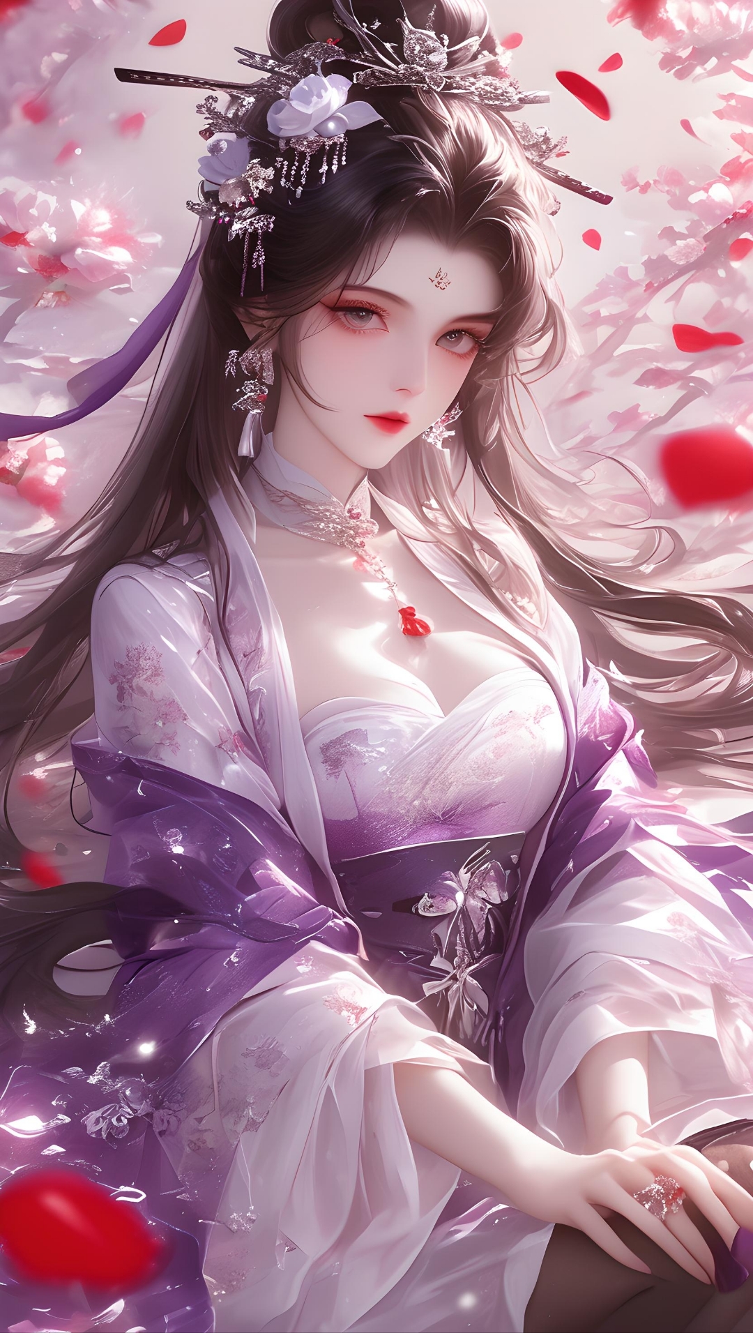 紫发高挽映花丛,明眸含笑意融融. 黑衫透亮如轻雾,珠宝项链闪华容