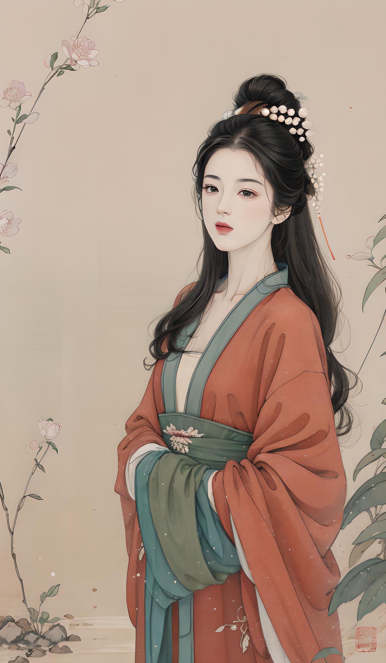 中国古代女子水彩画