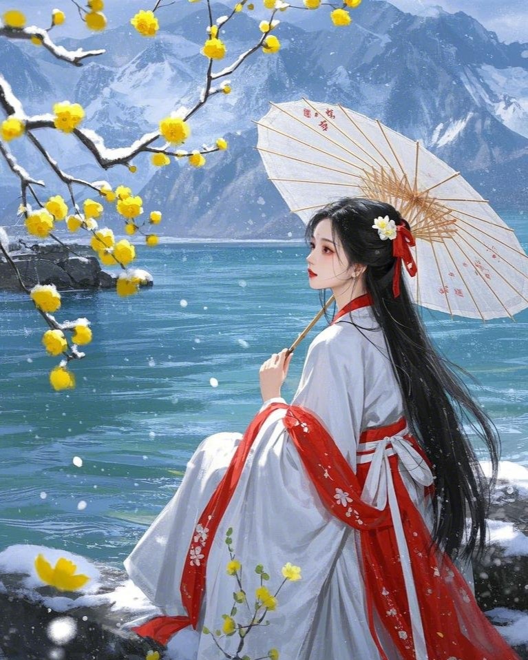 小乔独自撑伞赏雪景,静谧中透着几分诗意