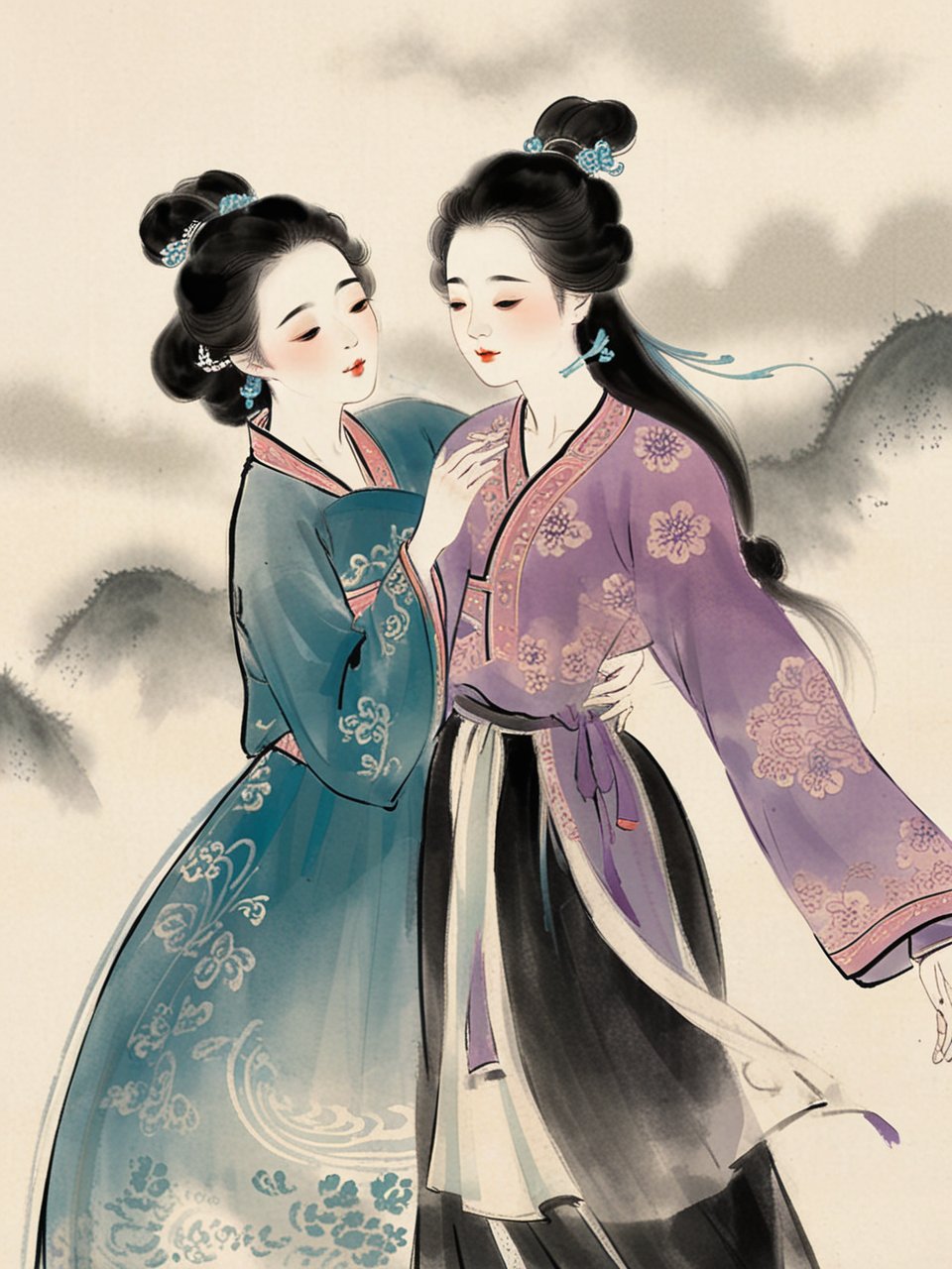 两位古装美女,手牵手,笑颜如花,共享美好时光