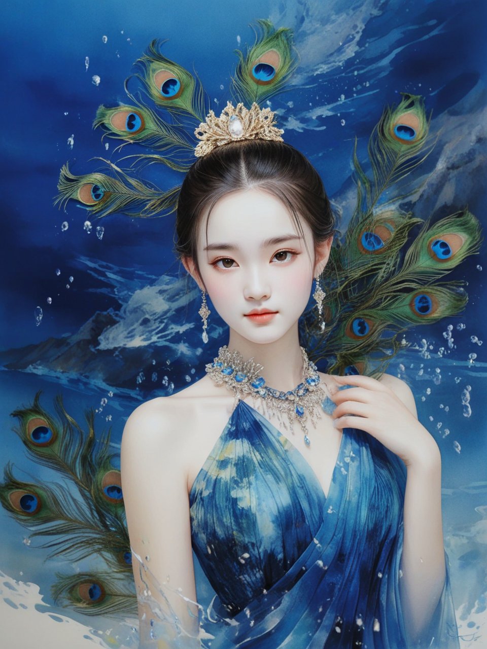 孔雀羽毛头饰,色彩鲜艳夺目, 与金色蓝色背景,相映成趣