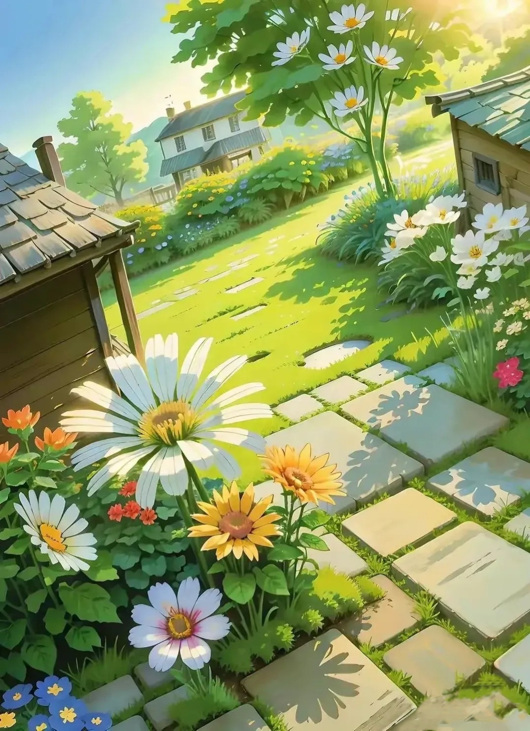 阳光温暖,农家小院里满眼都是翠绿的植被,盛开的鲜花和柔软的草坪