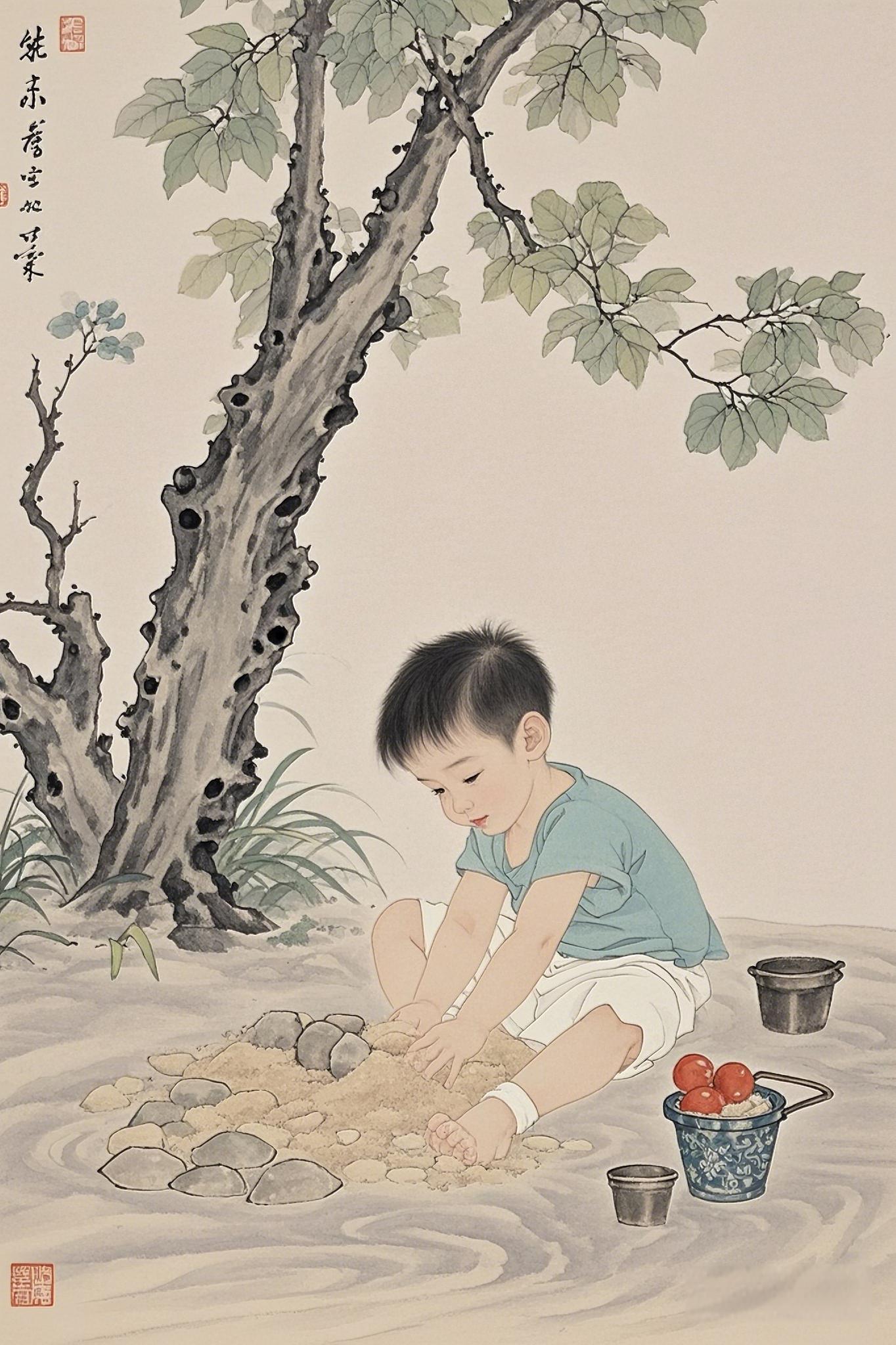 工笔画# #工笔人物画# #童趣# #东方美学# #感受国画的意境之美