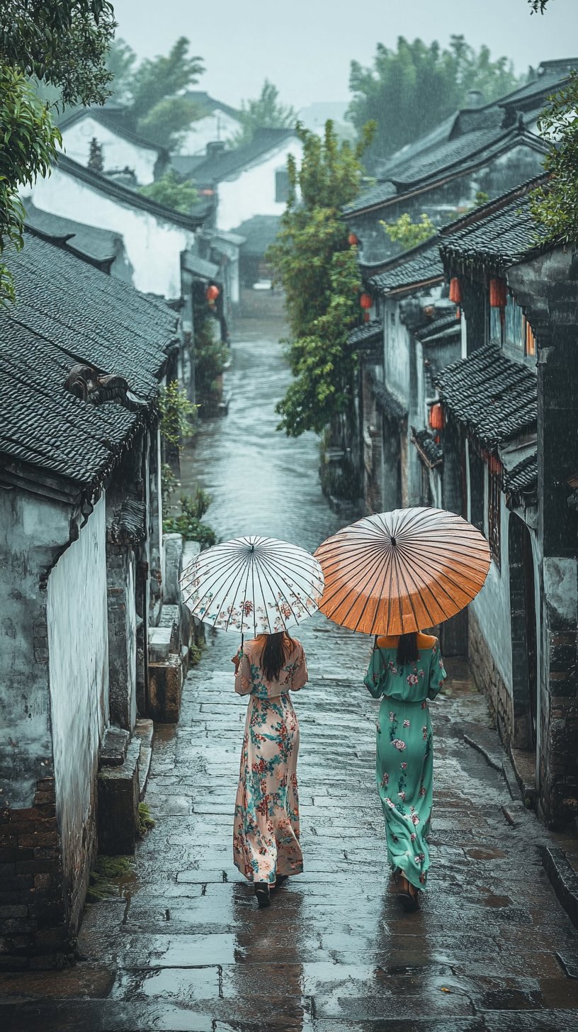 上日本女子的背影站在八字桥上看桥下乌篷船风景江南烟雨女子背影图片