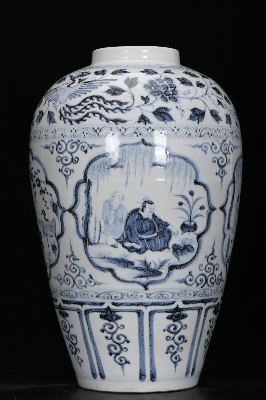 精品收藏 明 洪武青花凤穿牡丹开窗四爱图罐一对. 尺寸:高41