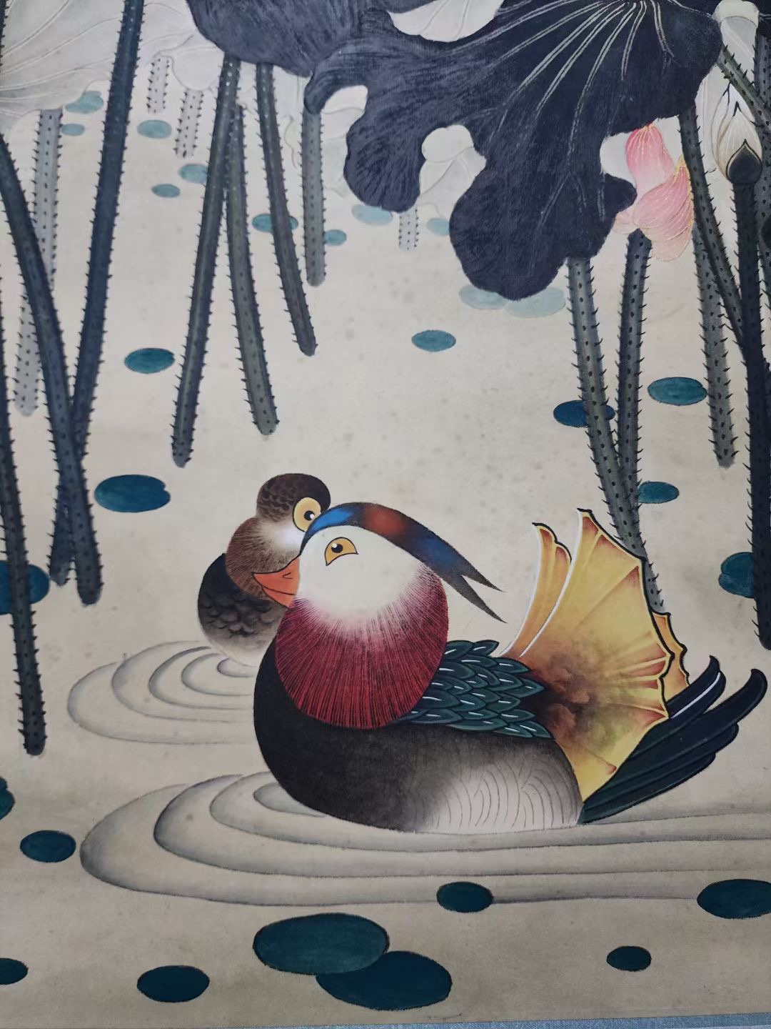 精品收藏 张大千 荷花鸳鸯图立轴. 画心尺寸:130*49.5cm