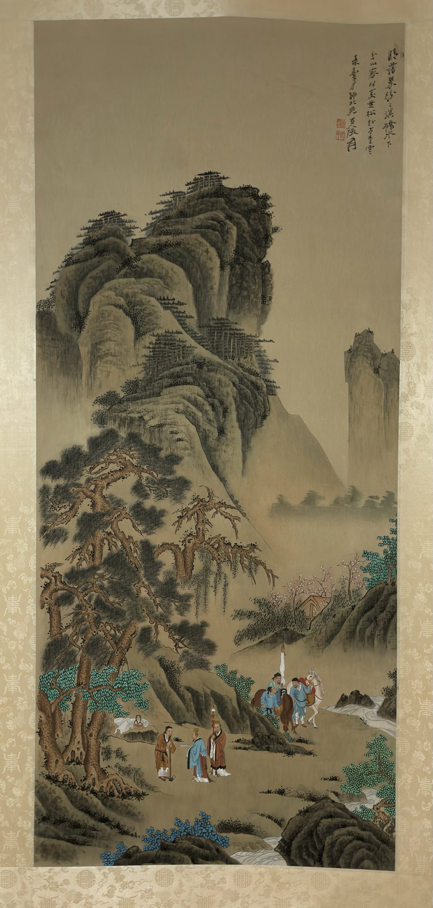 精品收藏 张大千 水墨画山水人物图立轴 绢画