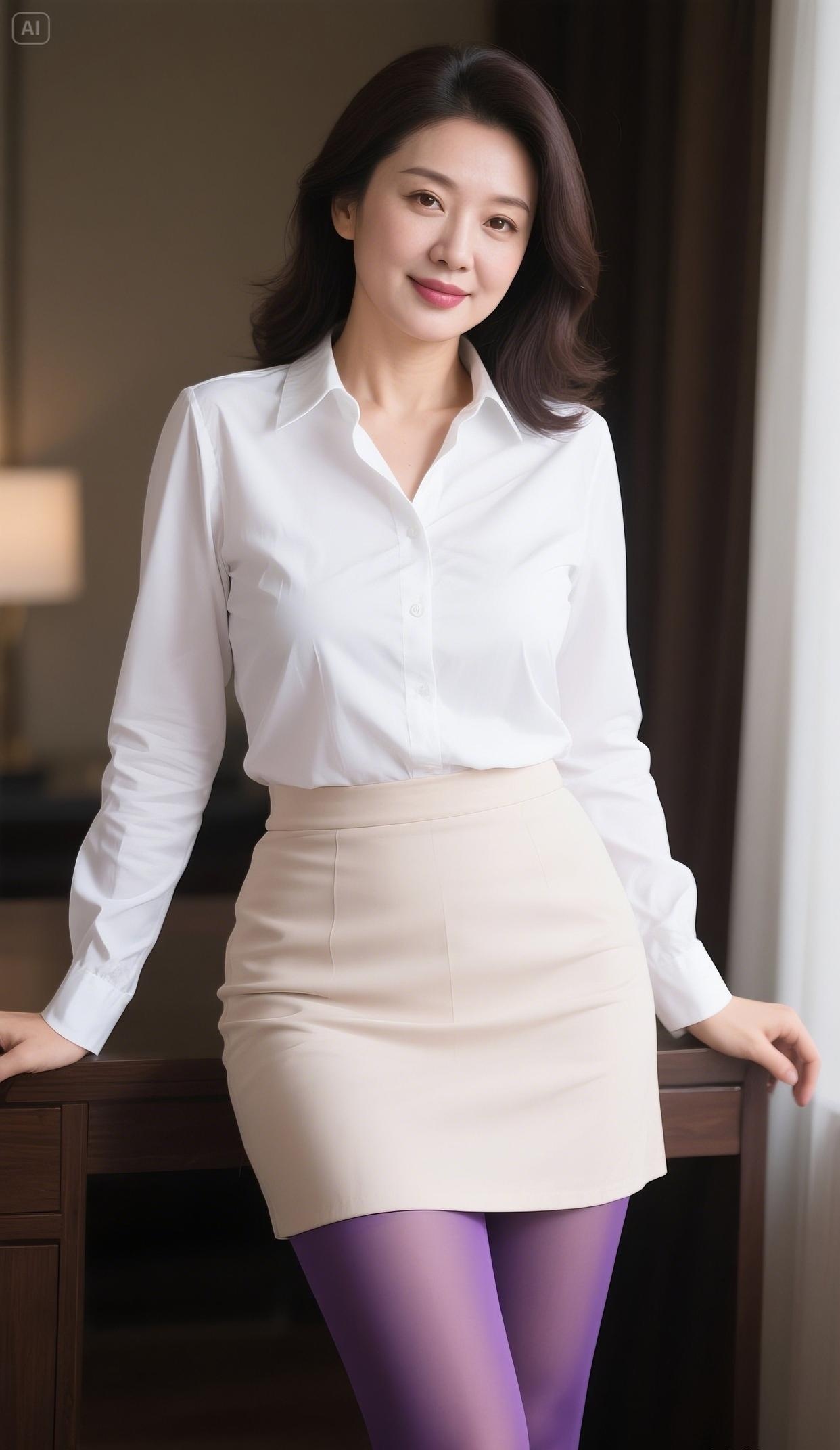 她身着简约白衬衫,利落线条勾勒知性韵味,搭配浅棕短裙,优雅与干练相