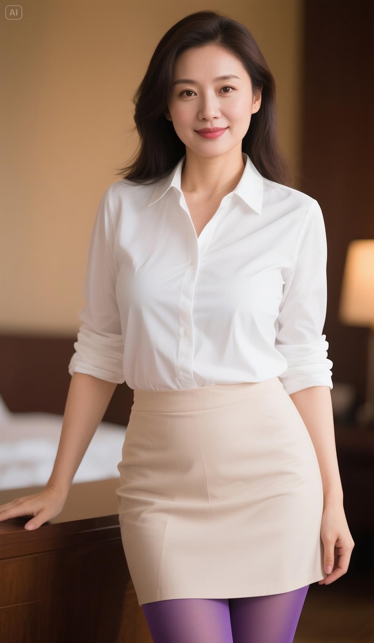 她身着简约白衬衫,利落线条勾勒知性韵味,搭配浅棕短裙,优雅与干练相