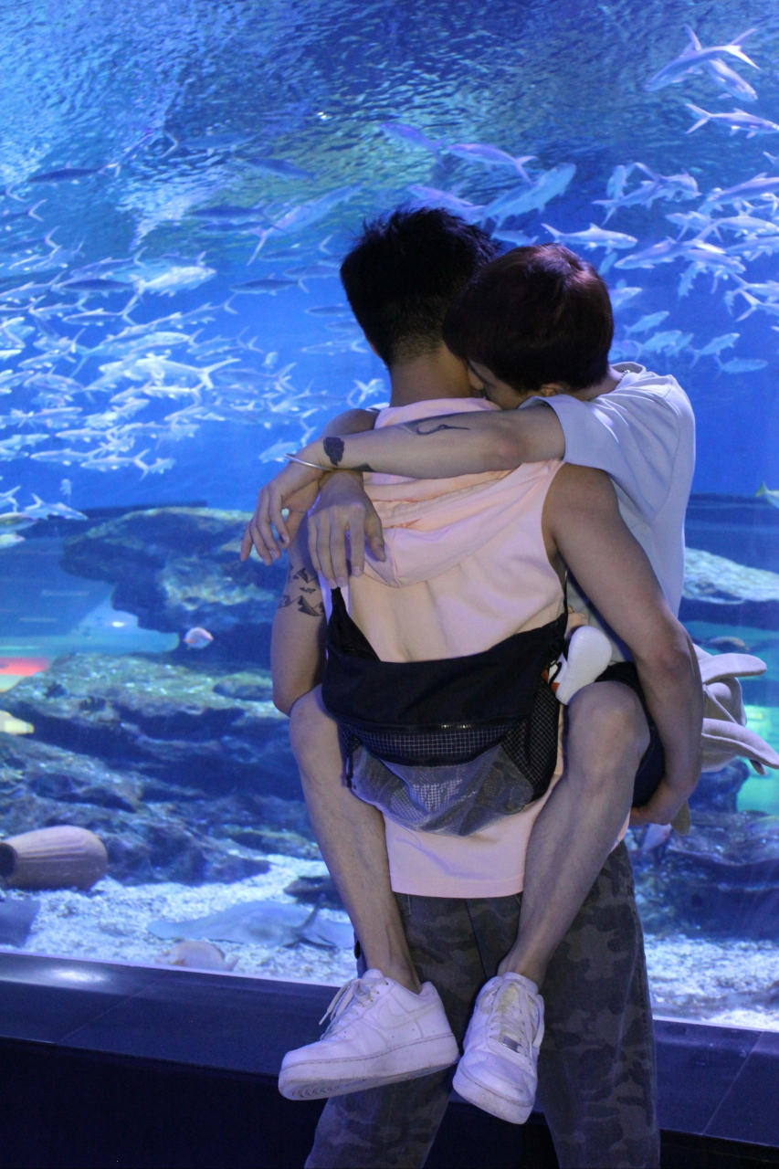 兄弟俩逛海底世界,弟弟逛累了走不动路,哥哥直接抱着那么大个的弟弟