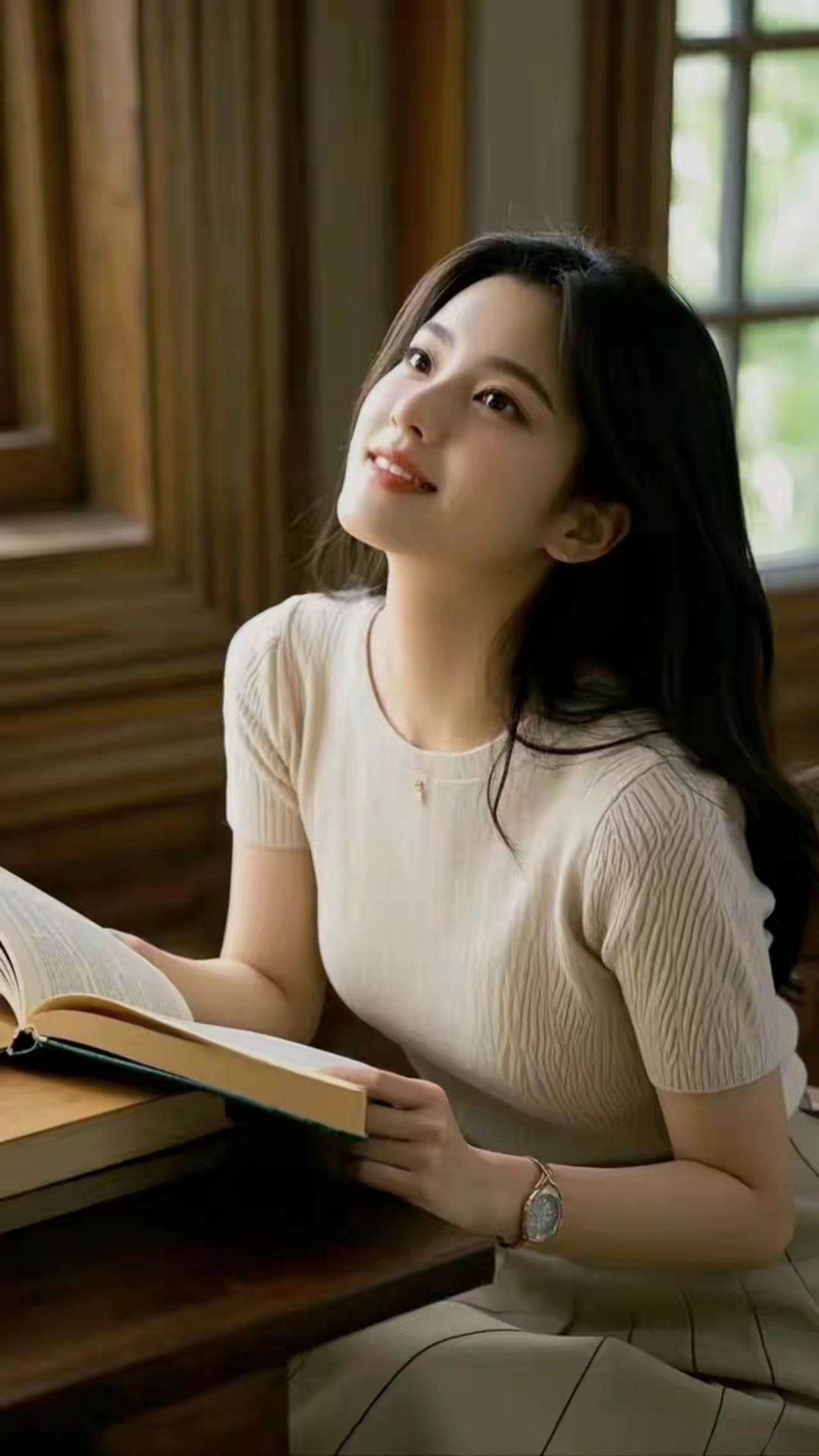 暖烘烘的图书馆里,女孩穿着白上衣和百褶裙,正安安静静地看书