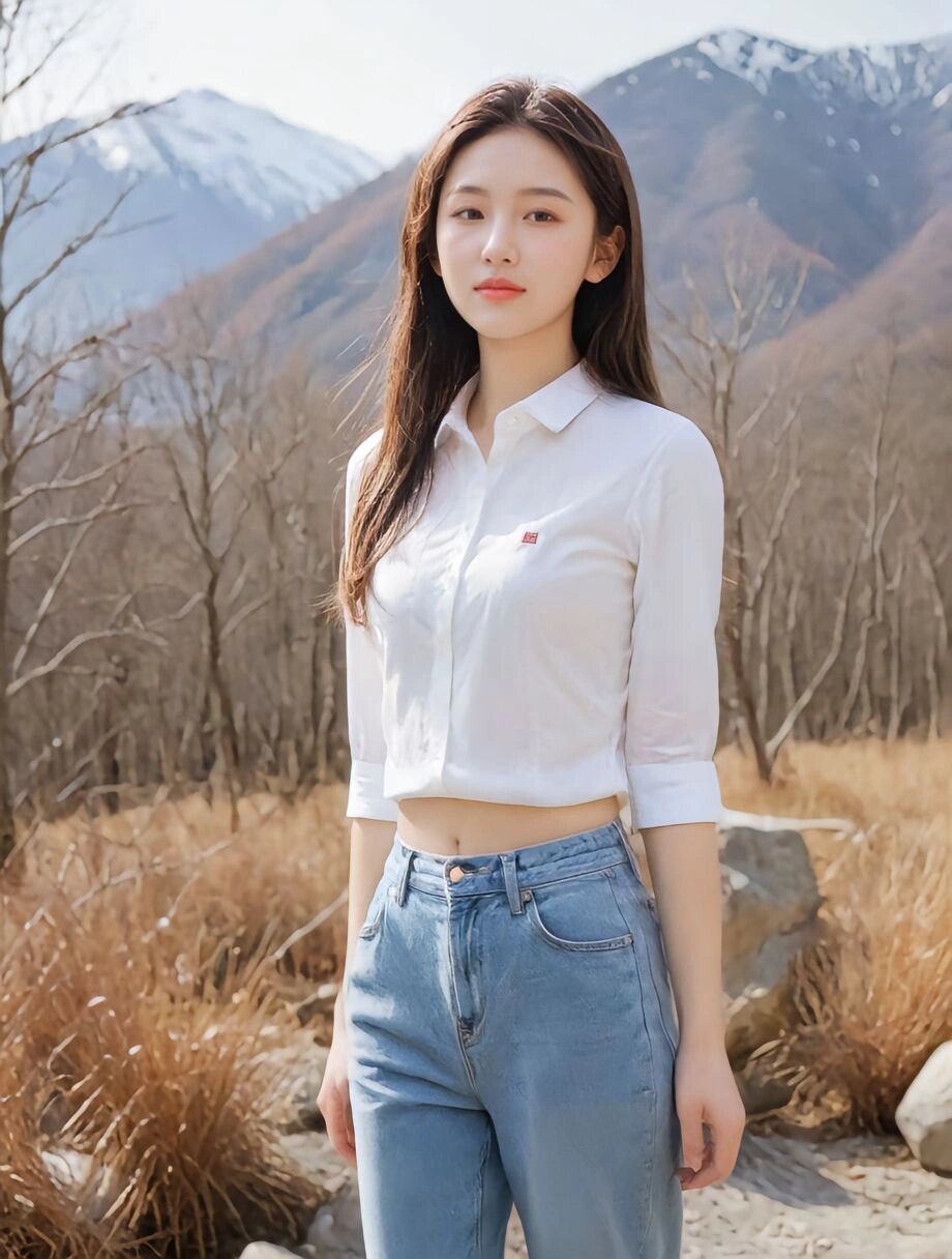 热点引擎计划#  7615 雪山下的白衬衫美女,简直是大自然的艺术品