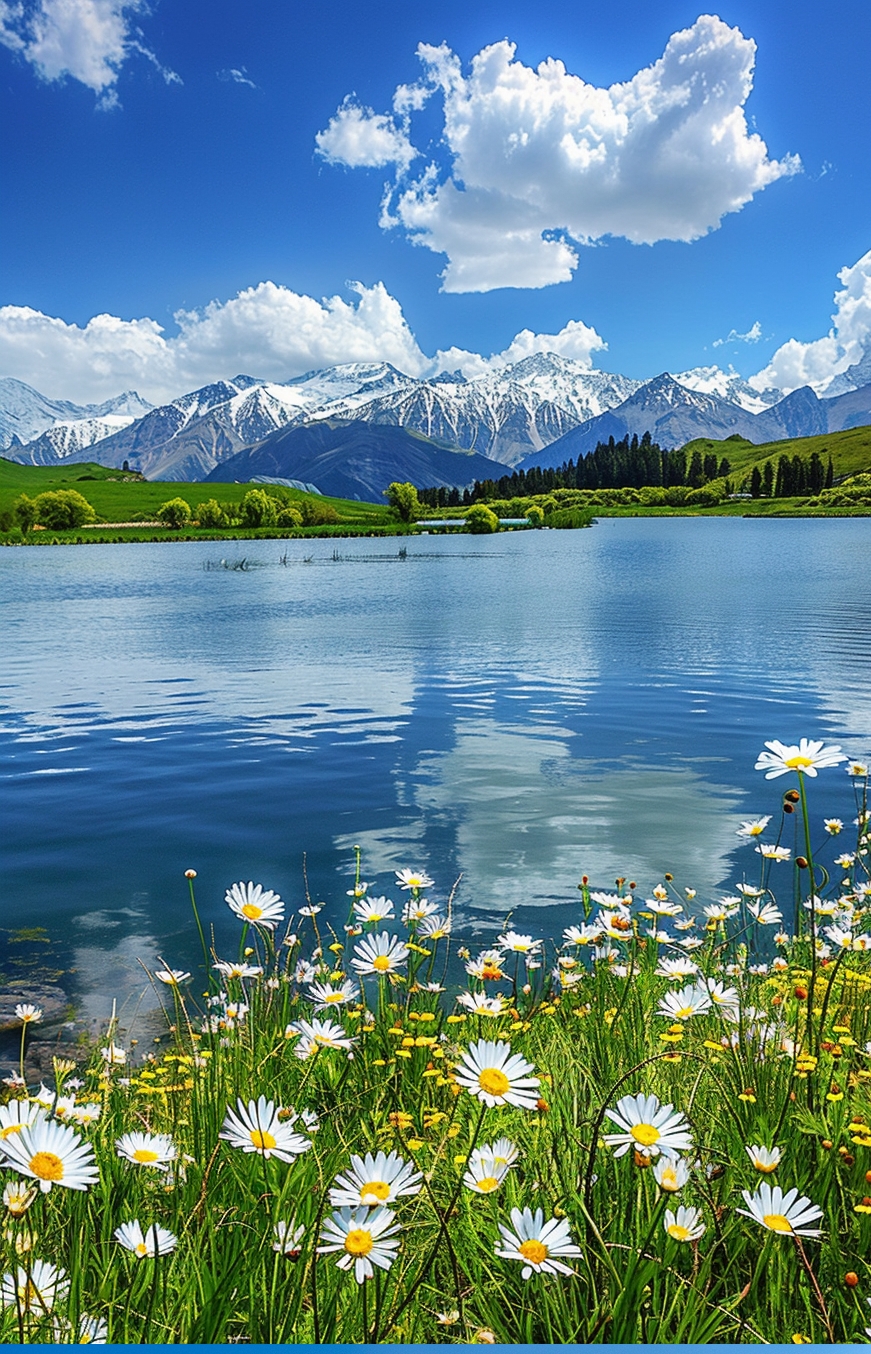 在蓝天白云下,湖水清澈见底,还有许许多多的湖边小花.