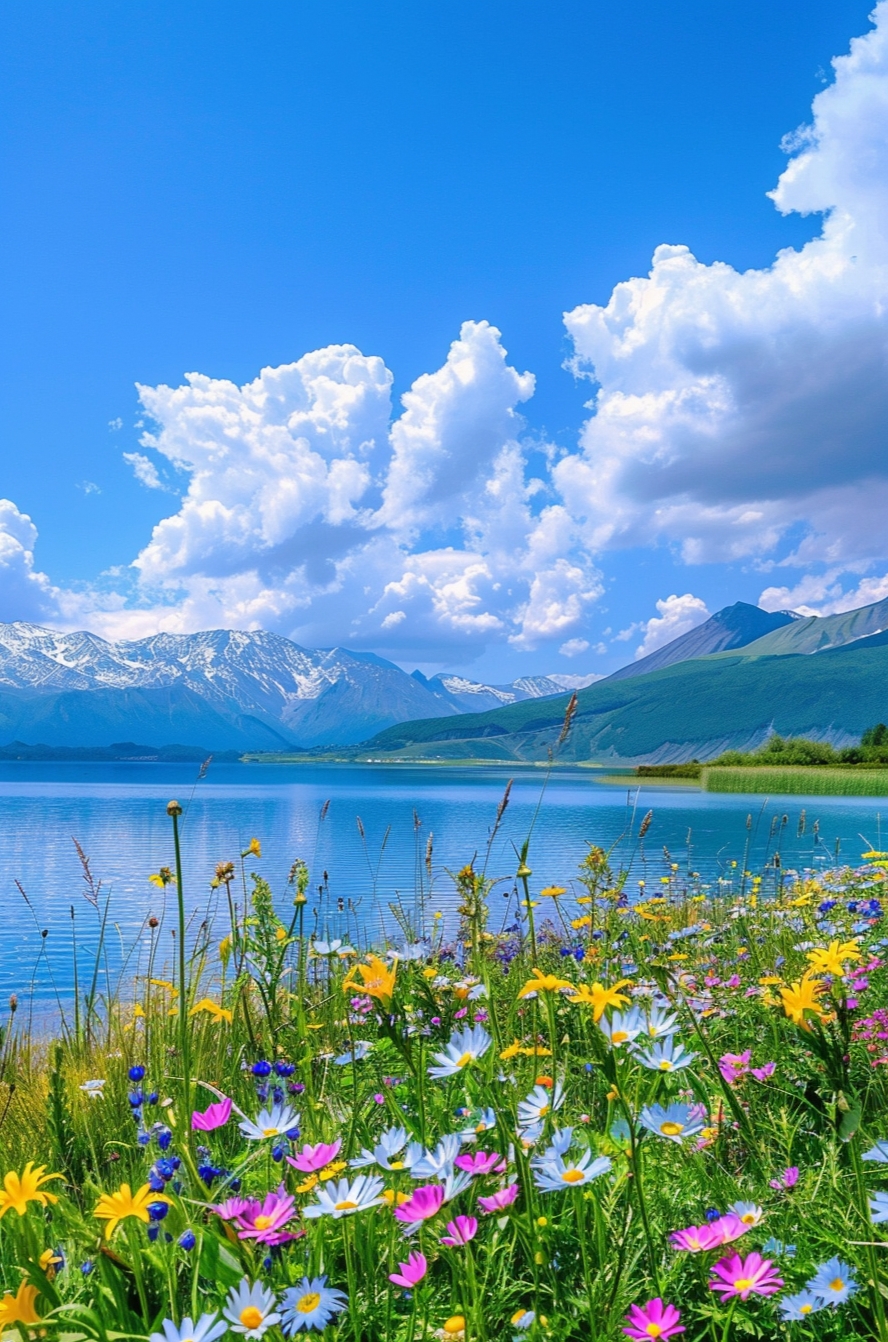 在蓝天白云下,湖水清澈见底,还有许许多多的湖边小花.