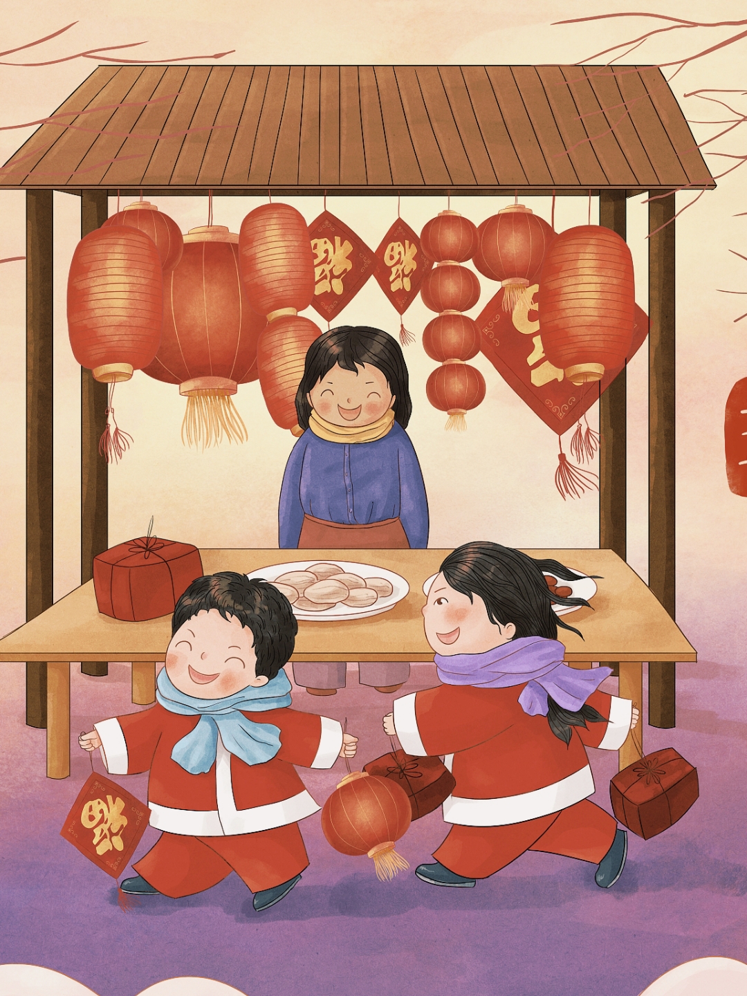 那份纯真的快拦晖计泄 年味中国年水彩画农村看大戏插画过春节