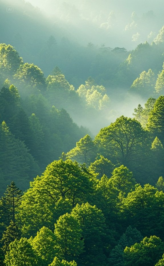 清晨的薄雾中,我漫步在绿意盎然的森林里,每一步都是自然的呼吸