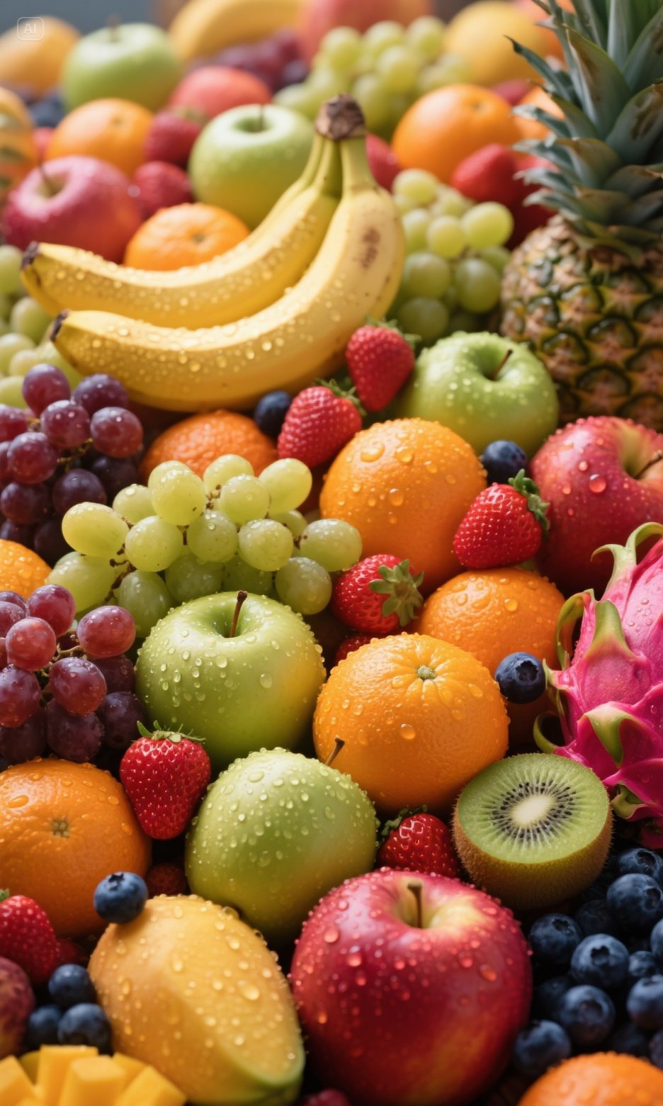 一盘色彩缤纷的水果拼盘,圆润饱满的果肉错落堆叠,缤纷果色如彩虹绽放