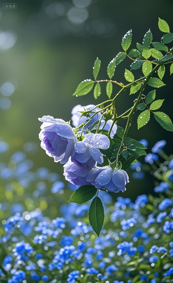 清晨的露珠在淡紫色玫瑰花瓣上闪耀,周围是蓝盈盈的小花,阳光透过树叶