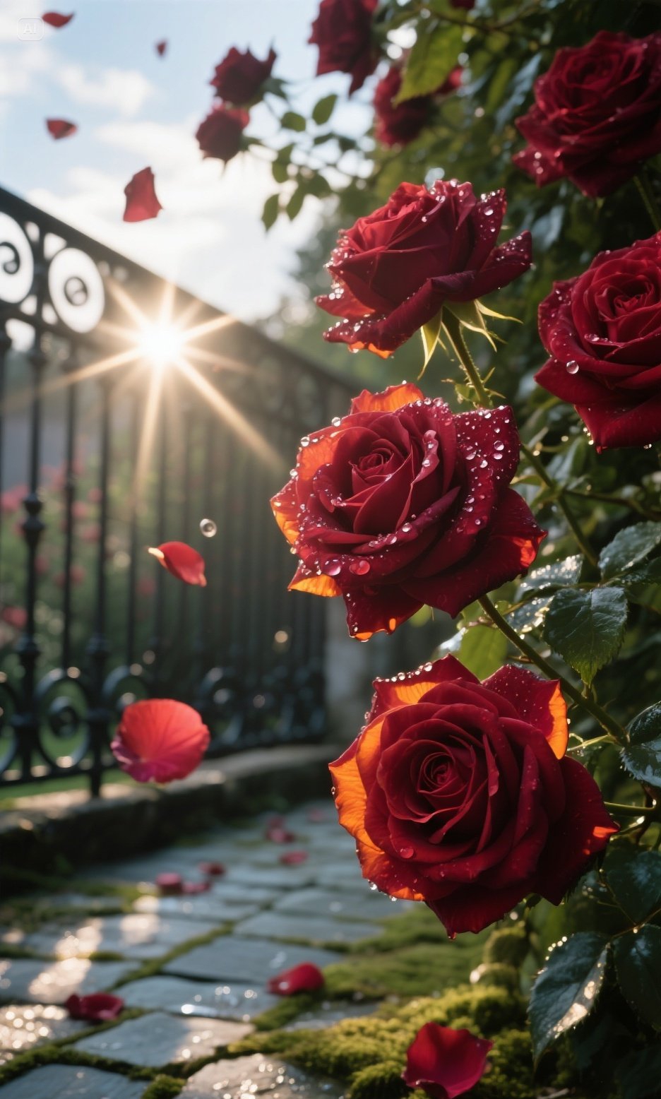 金色阳光温柔地倾洒在娇艳欲滴的红玫瑰上,花瓣在光晕中舒展摇曳,馥郁