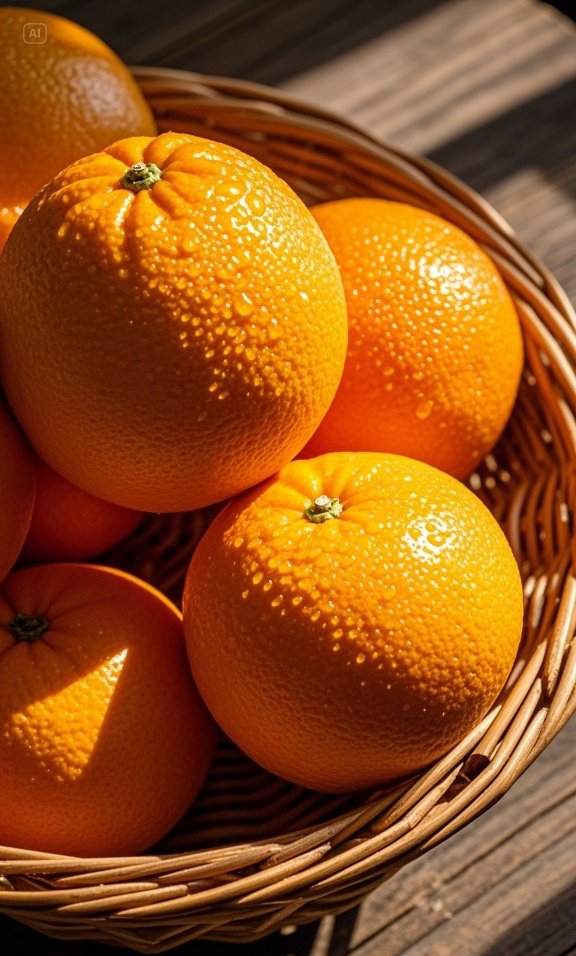 金灿灿的阳光倾洒在圆润饱满的橙子上,果皮下汁液仿佛在光影中跃动