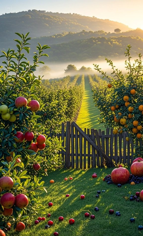 金色的阳光温柔地倾洒在生机勃勃的果园,红彤彤的苹果,黄澄澄的橘子