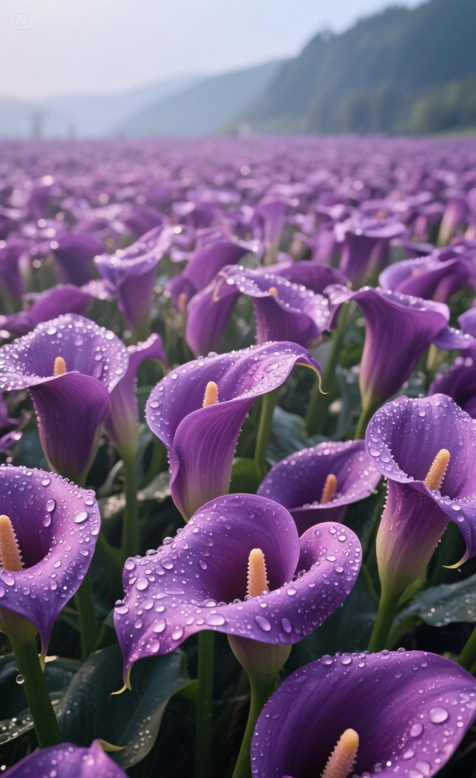 微风拂过,成片的马蹄莲如莹白的火焰在绿野间跃动,花瓣舒展似精巧的