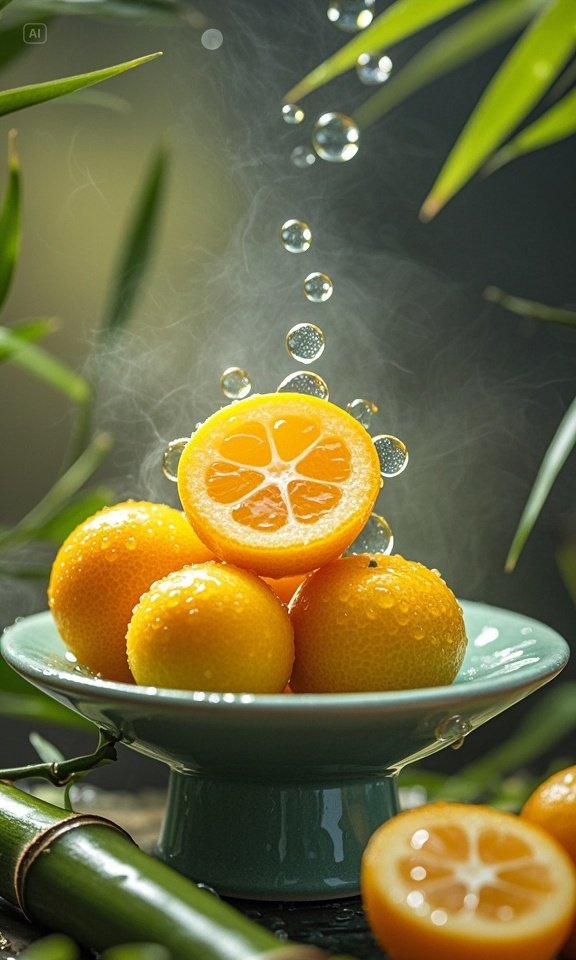 金黄的橙子在阳光的轻抚下泛着诱人光泽,饱满的果粒晶莹剔透,咬上一口