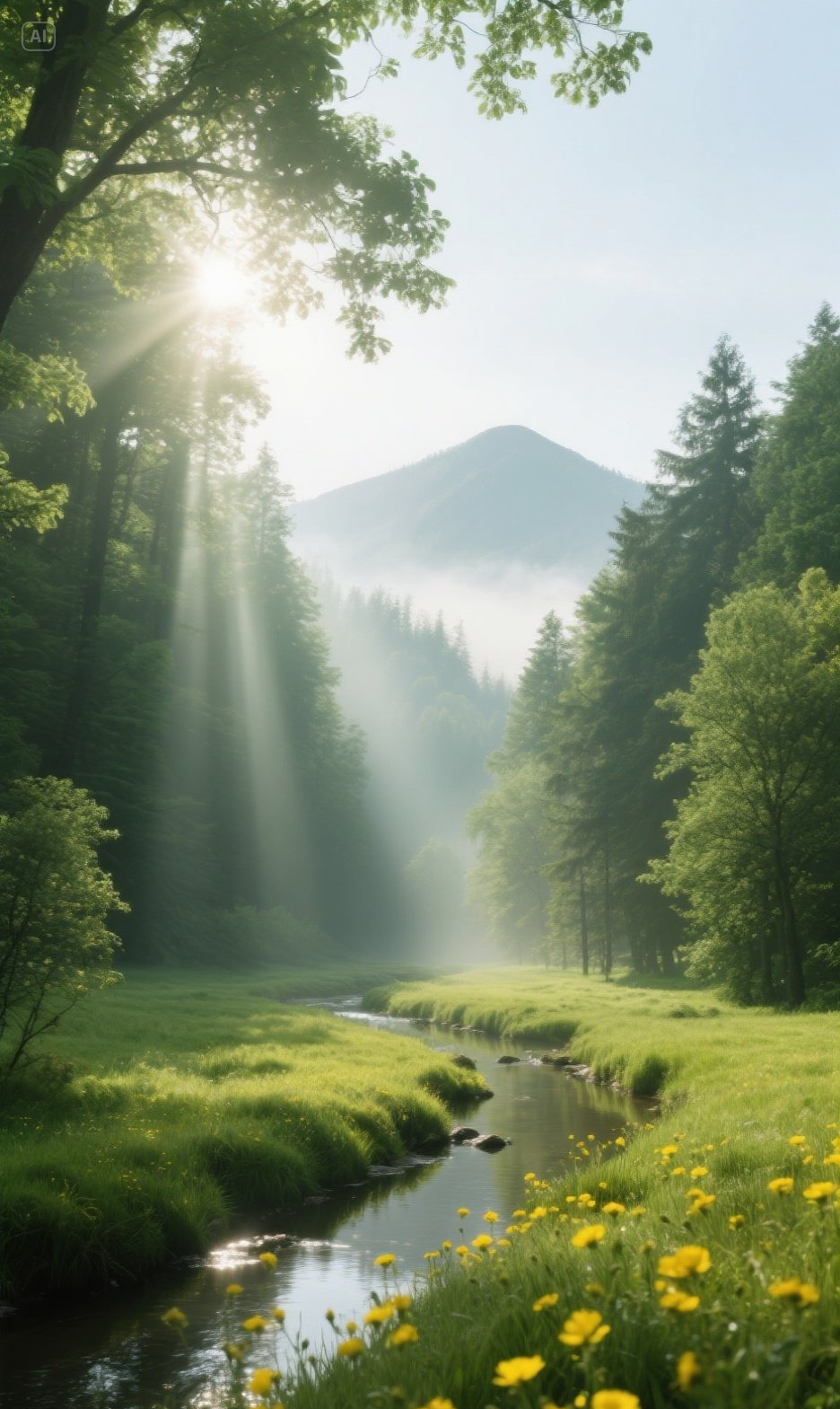 晨曦为森林小溪披上一层朦胧的金纱,细碎的阳光穿透枝叶,温柔洒落于