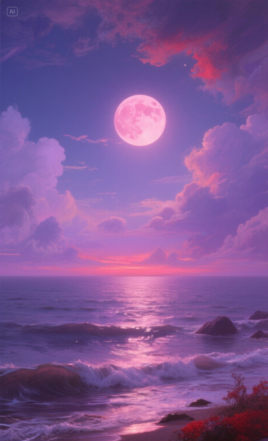 粉紫色的梦幻暮色浸染着海边,弯弯月牙悬于天幕,海浪温柔地轻吻着沙滩