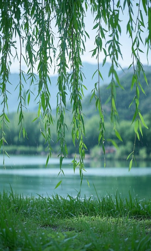 细雨如丝,轻吻着湖畔垂柳,柳枝在微风中摇曳生姿,倒