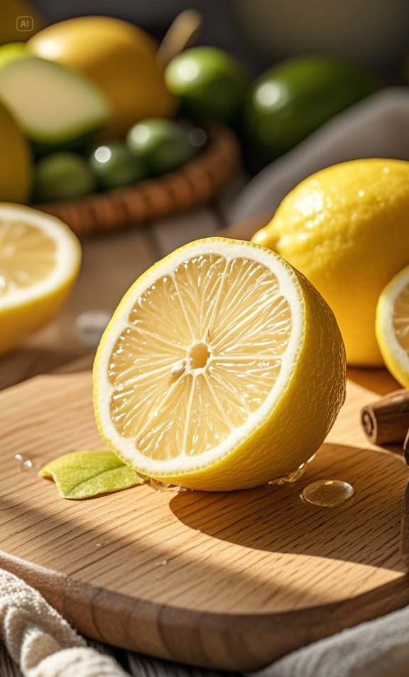 阳光透过玻璃窗倾泻而下,将木板上切开的柠檬镀上一层金边,晶莹的汁水