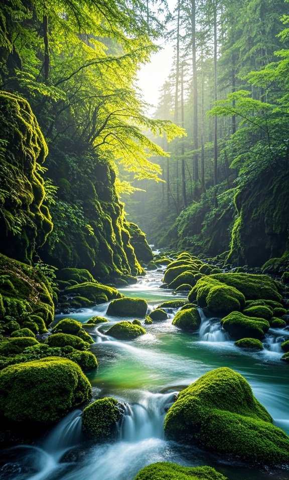 梦幻森林里,蓝鸟静栖枝头,潺潺流水蜿蜒而过,细碎阳光穿透枝叶洒落