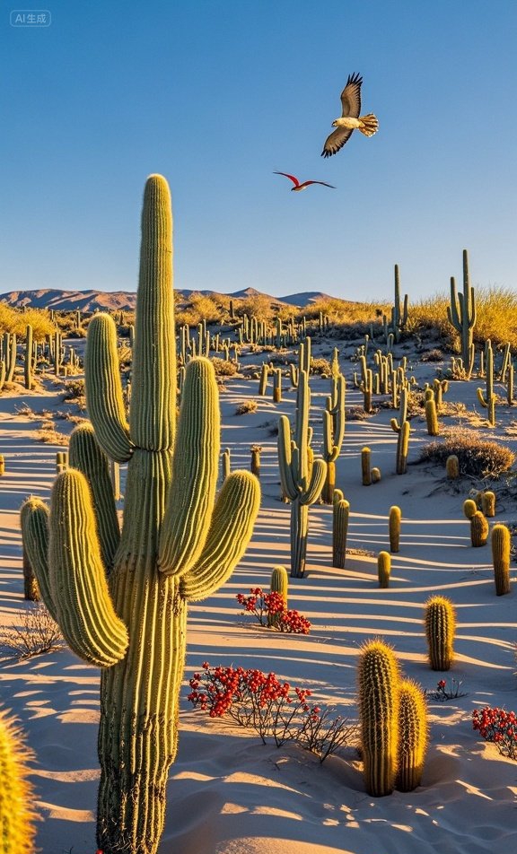 这沙漠中的仙人掌也太霸气了,连鸟儿都要绕着它飞!