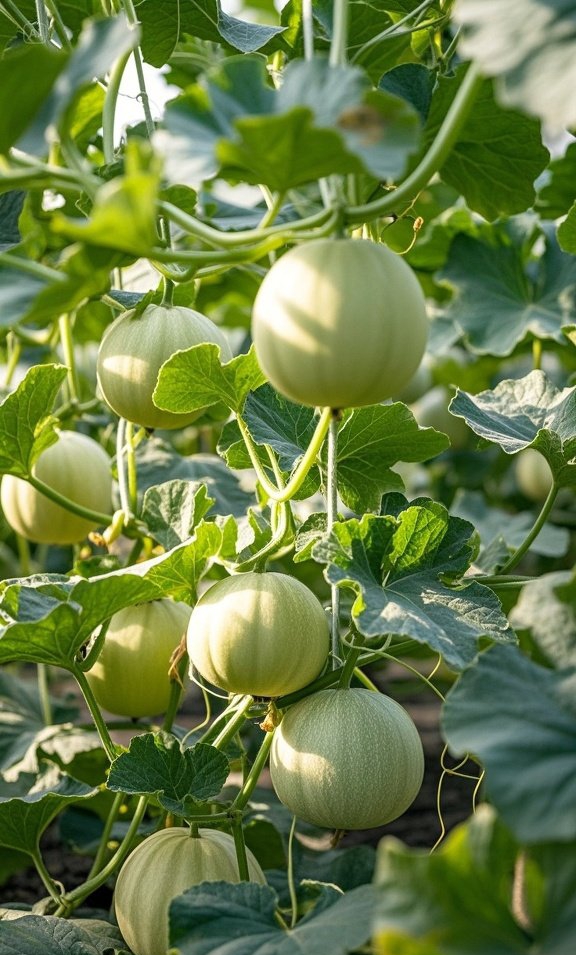 藤蔓间垂挂着一个个圆滚滚的甜瓜,裹着鲜亮的绿衣,仿佛刚被晨露亲吻过