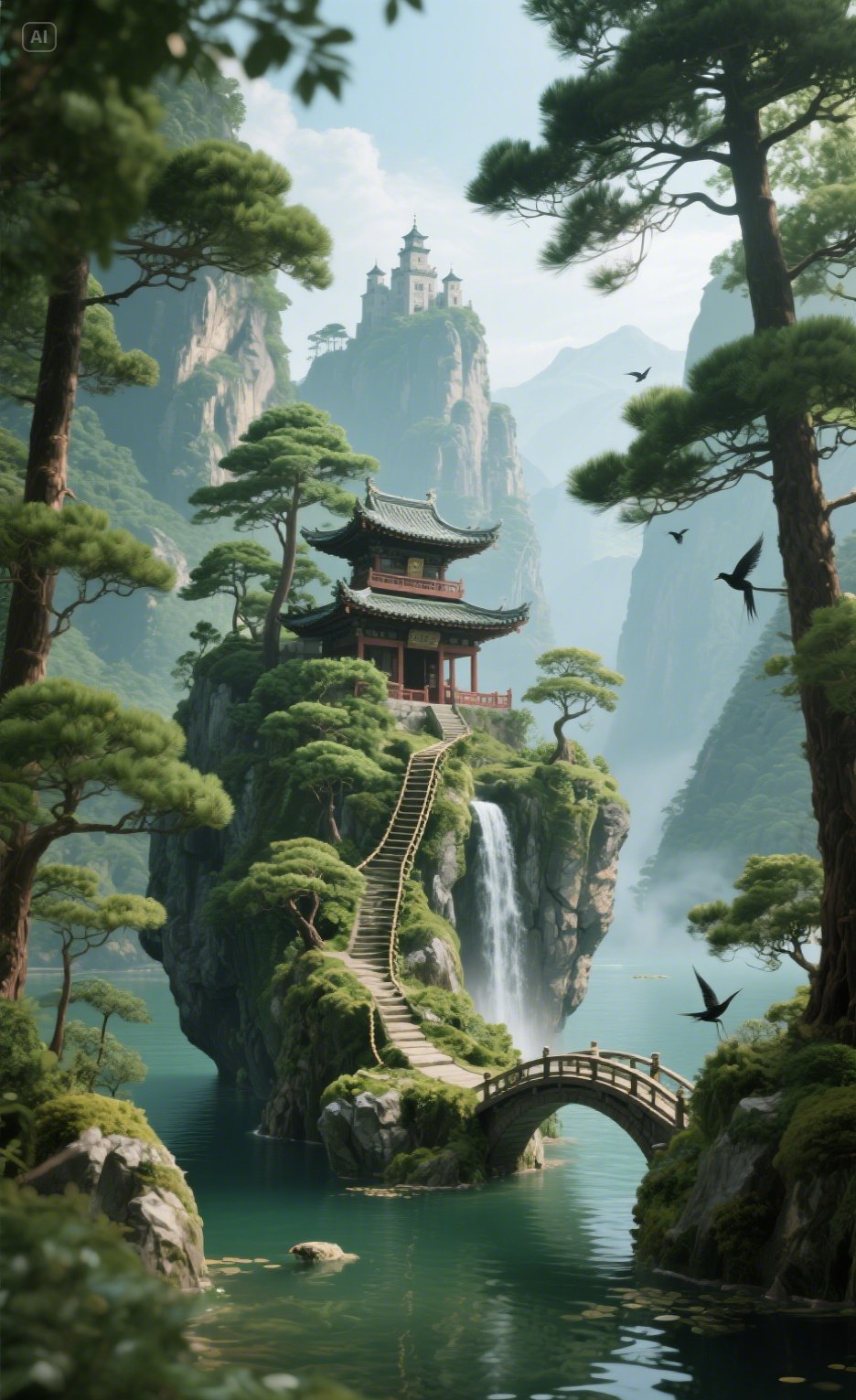 飞鸟掠过层峦叠嶂的水墨长卷,朱檐黛瓦的古风建筑静立瀑布之畔,山水