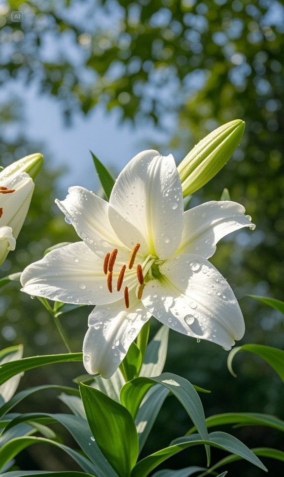 晶莹的露珠轻缀于洁白的百合花瓣之上,宛如撒落人间的星辰,将素雅的