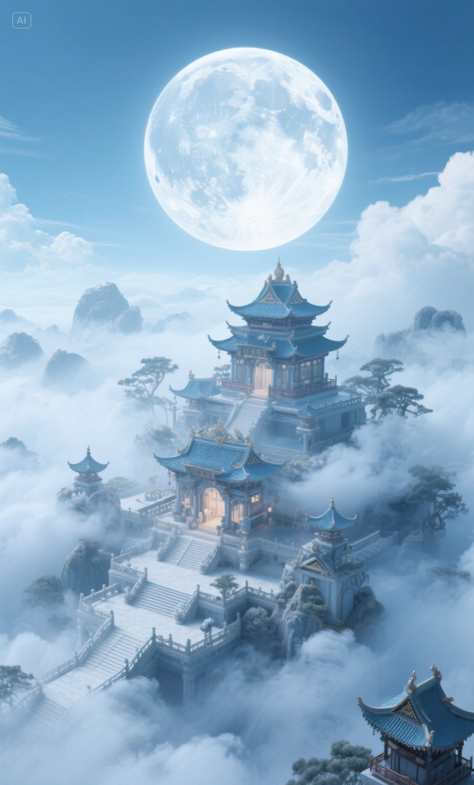 月华倾洒在云雾缭绕的仙境古塔上,银辉与轻纱般的雾气交织,恍若隔绝