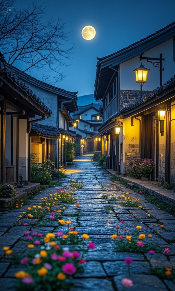 青石板巷蜿蜒入墨色深处,檐角灯笼晕开朦胧暖光,晚风掠过黛瓦,花枝轻
