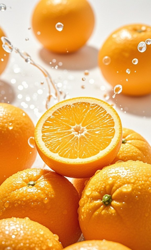 晶莹的水滴在色泽明艳的新鲜橙子表面欢快飞溅,饱满的果粒仿佛在阳光