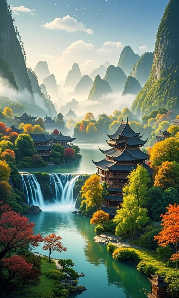 秋意浸染层林,山水画卷晕染开水墨般的东方古韵,云影徘徊处,皆是千年