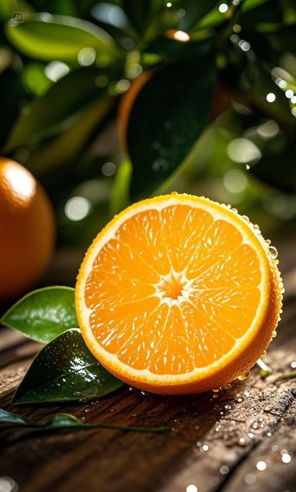 金黄透亮的新鲜橙子切片在阳光下泛着蜜色光泽,清甜果香裹挟着暖阳